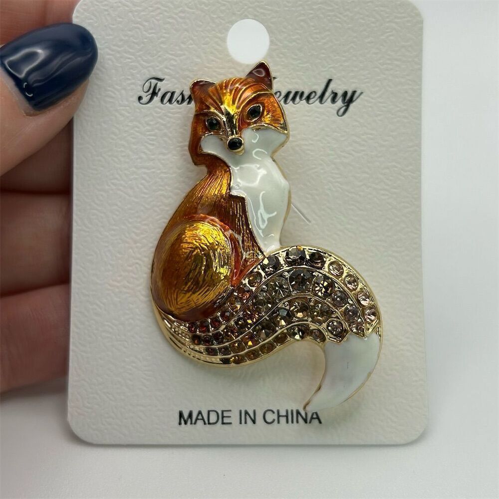 Vibrant Orange Small Enamel Fox Brooch with Rhinestone Accents Sparkle New - Picture 5 of 8